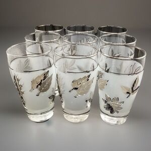 Vintage MCM Libbey Silver Leaf Frosted Tumblers 5.5 Tall Set of 9 Collectible